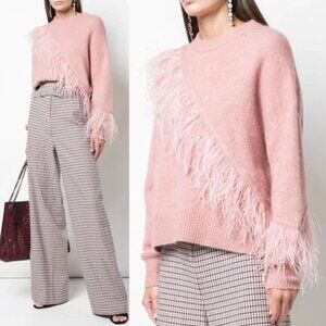 Cinq À Sept Merritt Feather Trimmed Sweater Pullover Peony Pink Wool Blend $395